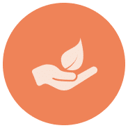 community service icon with a hand holding a leaf against an orange background